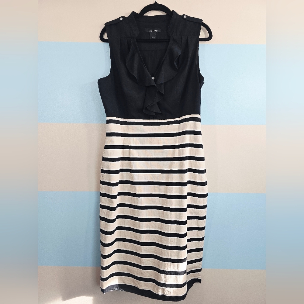White House Black Market  Black and Cream Striped Midi Dress - Picture 2 of 7